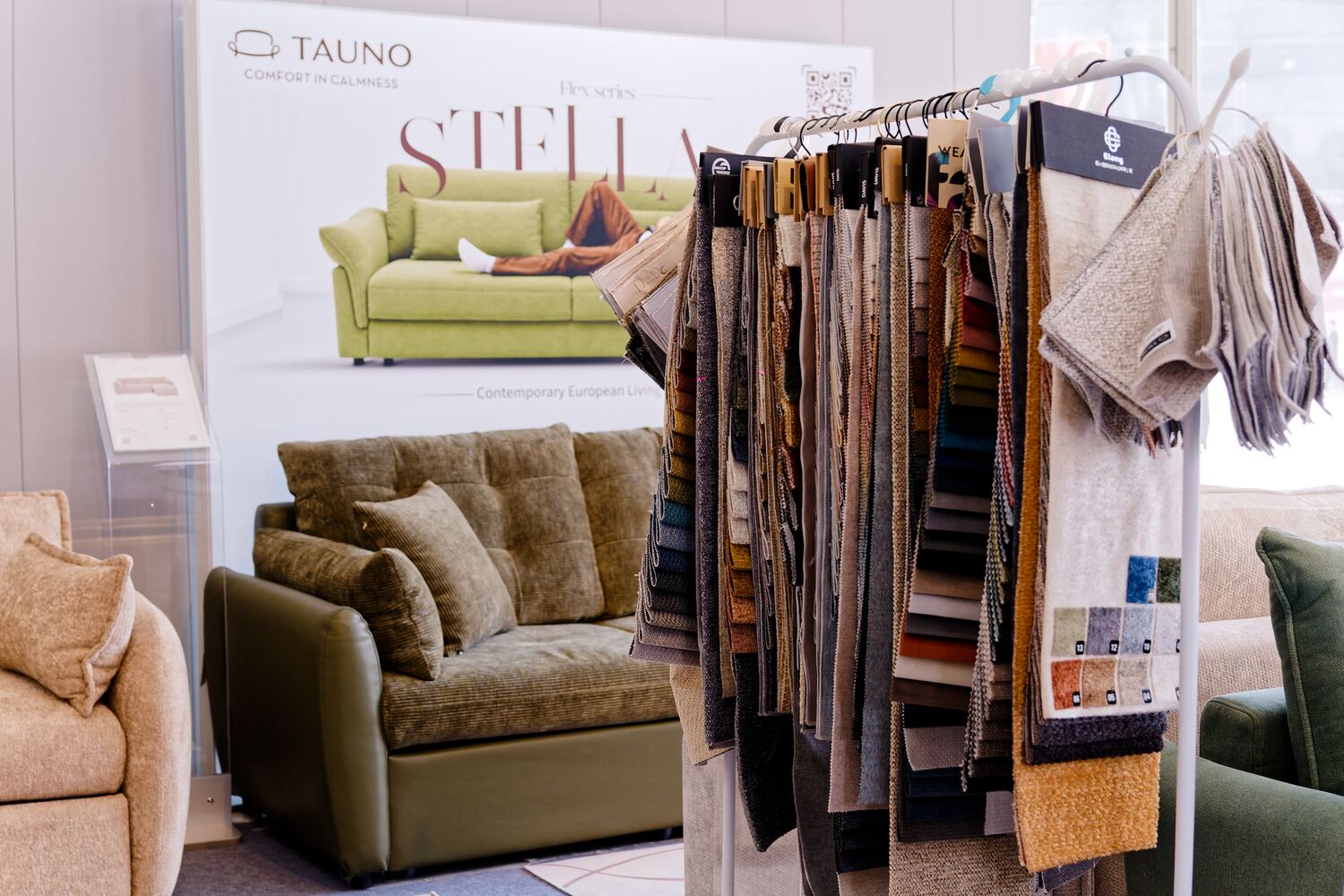 Stella, with the upholstery swatch rack.
